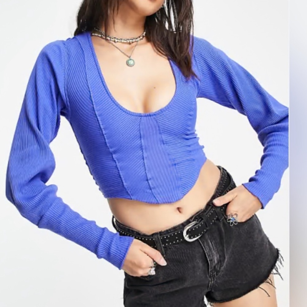 FREE PEOPLE Petra long sleeve low scoop neck crop top blue women’s size XL